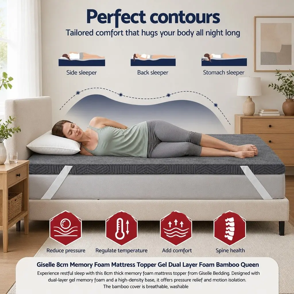 Memory Foam Mattress Topper Dual Layer Gel 8cm Bamboo Cover Queen