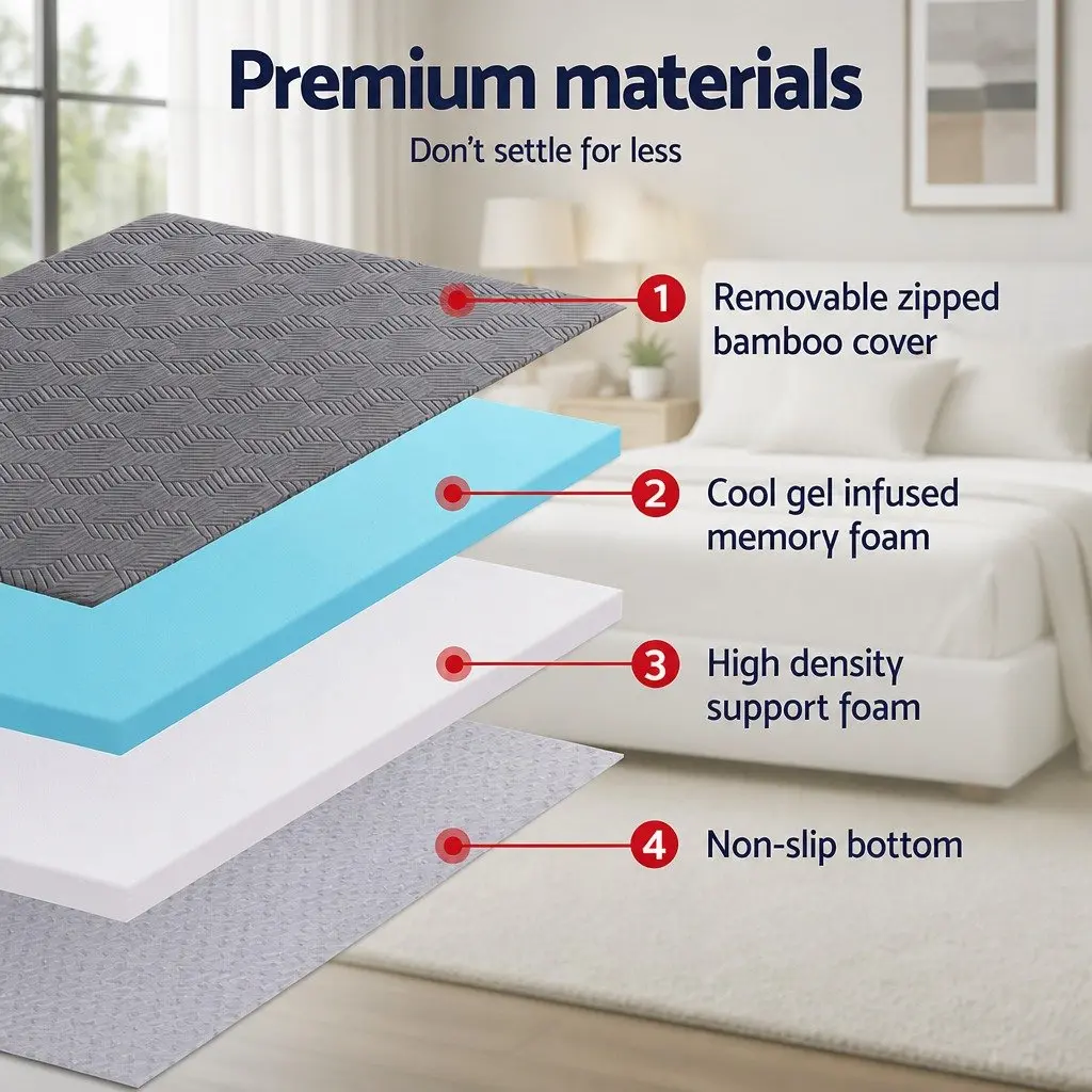 Memory Foam Mattress Topper 8cm Gel Dual Layer Bamboo Cover Single Bed