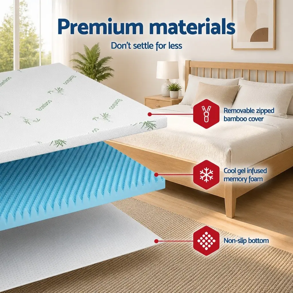Memory Foam Mattress Topper 8cm Gel Infused Egg Crate Bamboo Cover Queen Size