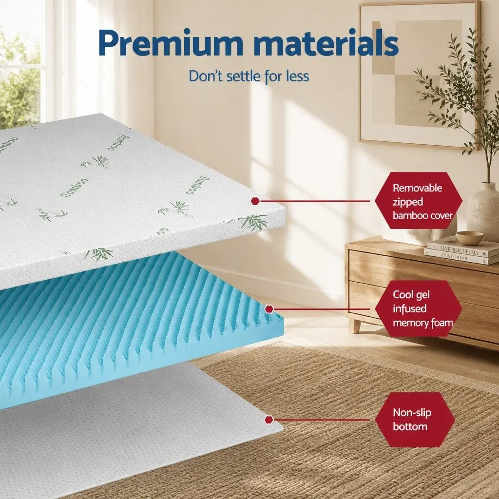Memory Foam Mattress Topper Cool Gel Infusion 8cm Single Bamboo Cover White