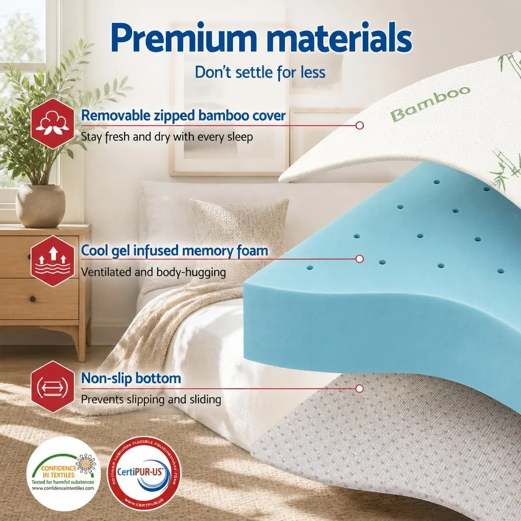 Memory Foam Mattress Topper 12cm Ventilated Gel Bamboo Cover King Single