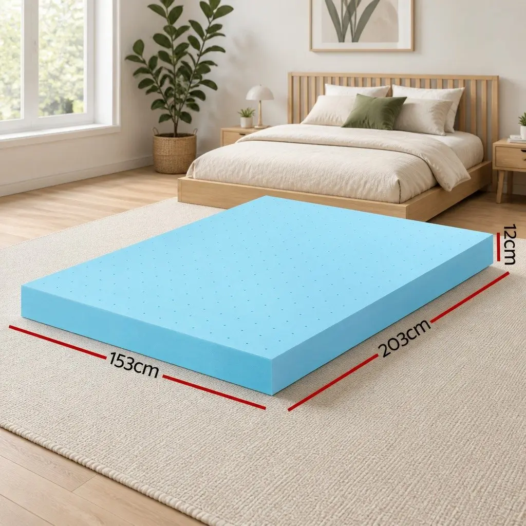 Memory Foam Mattress Topper 12cm Ventilated Gel Queen Bamboo Cover Blue