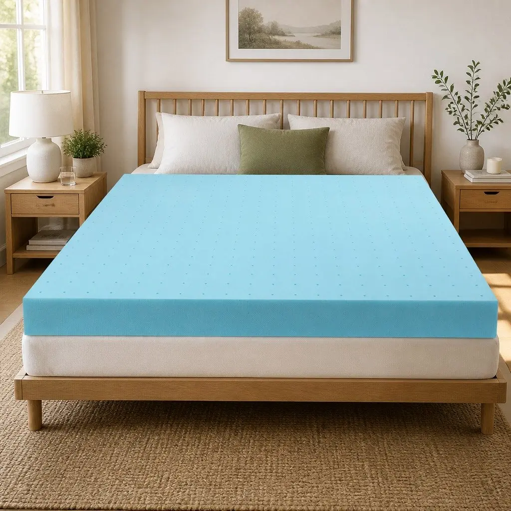 Memory Foam Mattress Topper 12cm Ventilated Gel Queen Bamboo Cover Blue