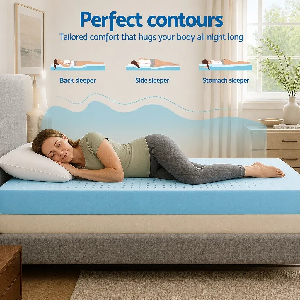 Memory Foam Mattress Topper 12cm Ventilated Gel Queen Bamboo Cover Blue
