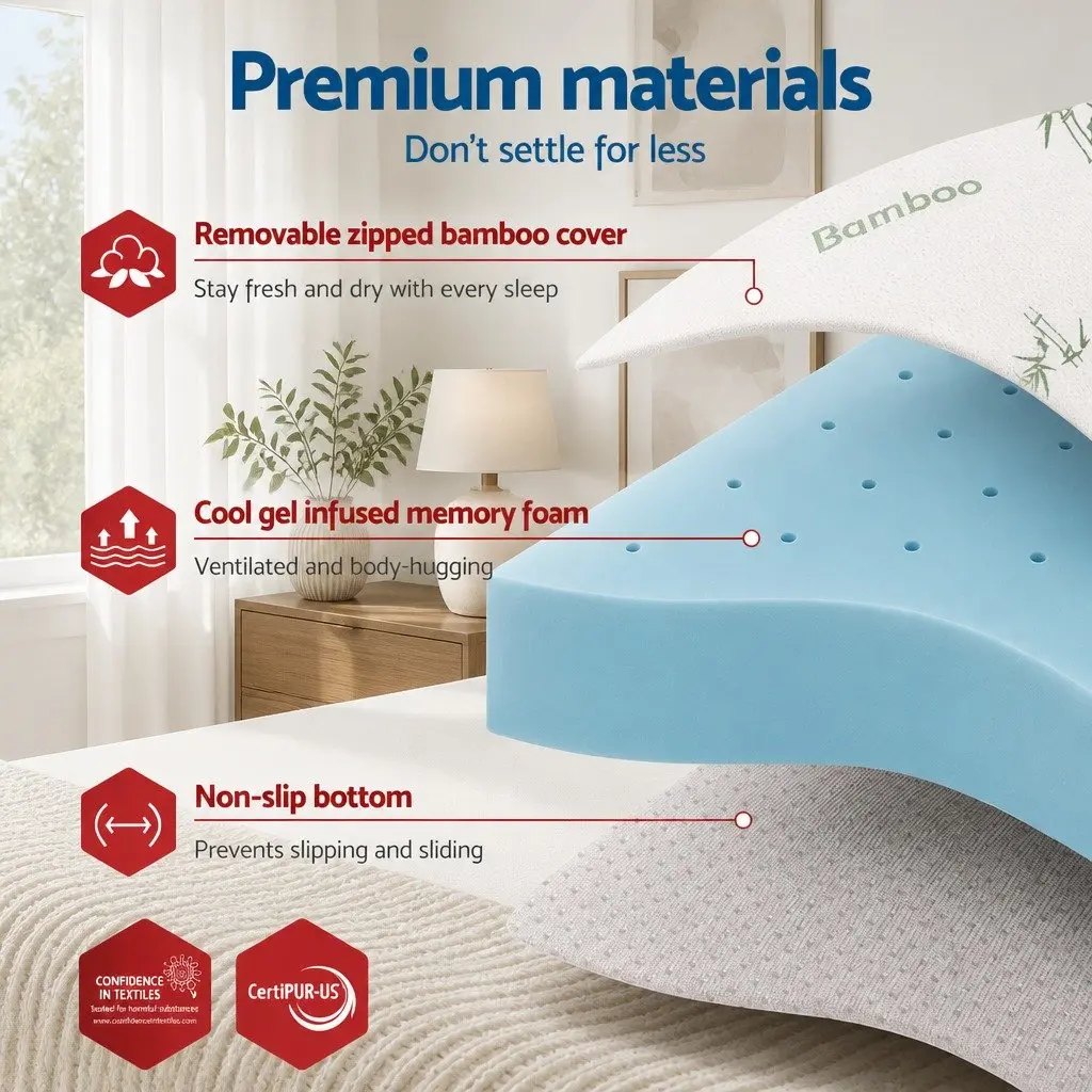 Memory Foam Mattress Topper 12cm Ventilated Gel Queen Bamboo Cover Blue
