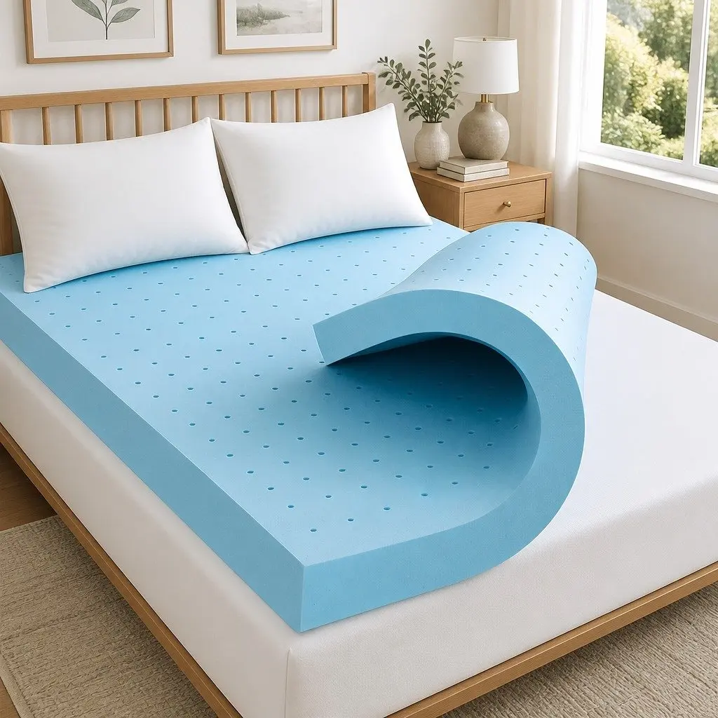 Memory Foam Mattress Topper 12cm Ventilated Gel Queen Bamboo Cover Blue