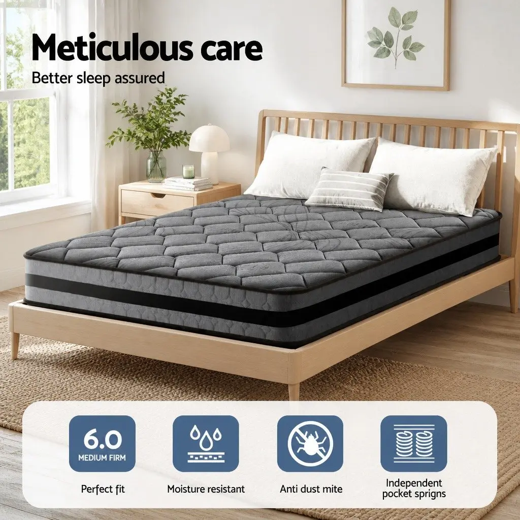 Pocket Spring Mattress Medium Firm 22cm Queen Size Grey Black