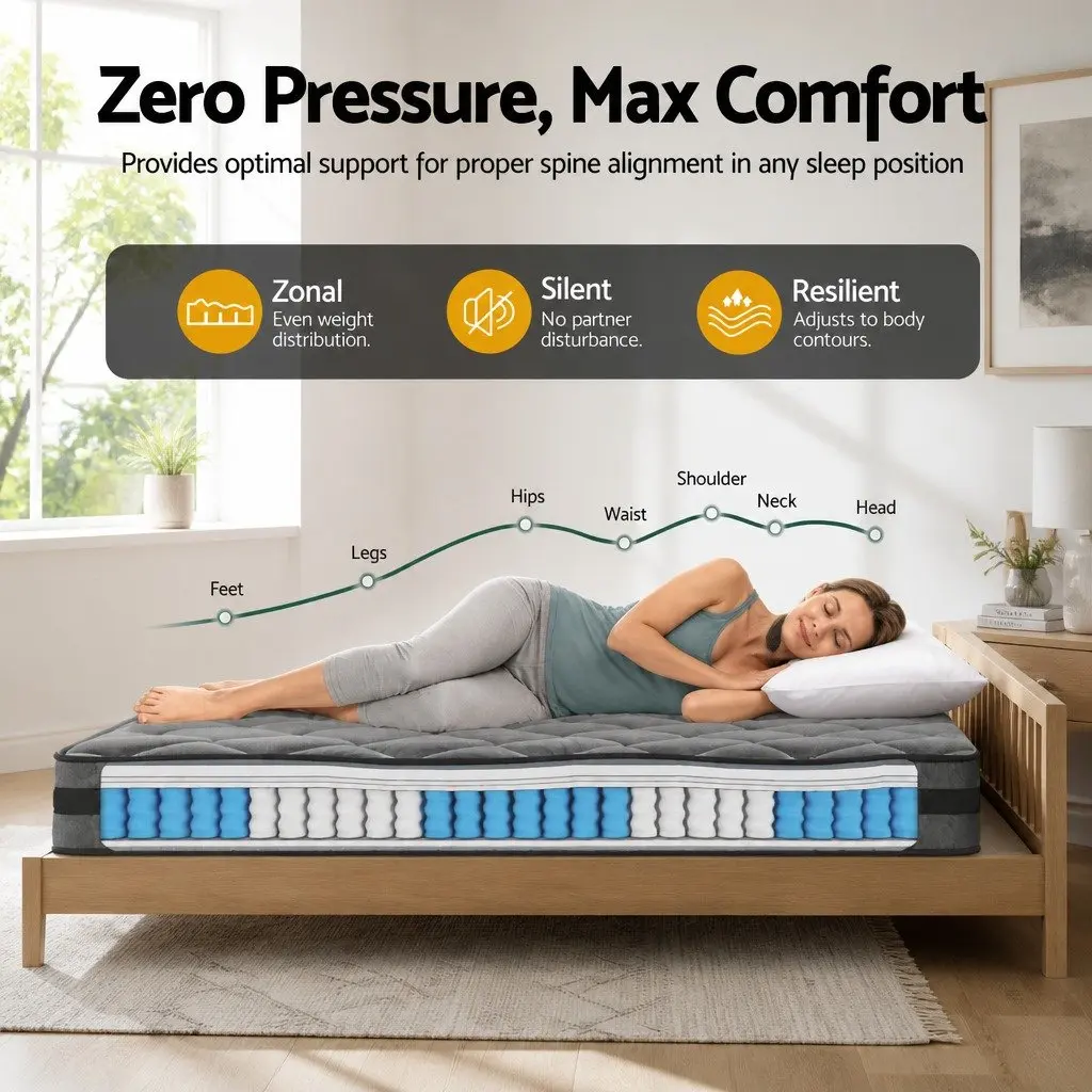 Pocket Spring Mattress Medium Firm 22cm Queen Size Grey Black