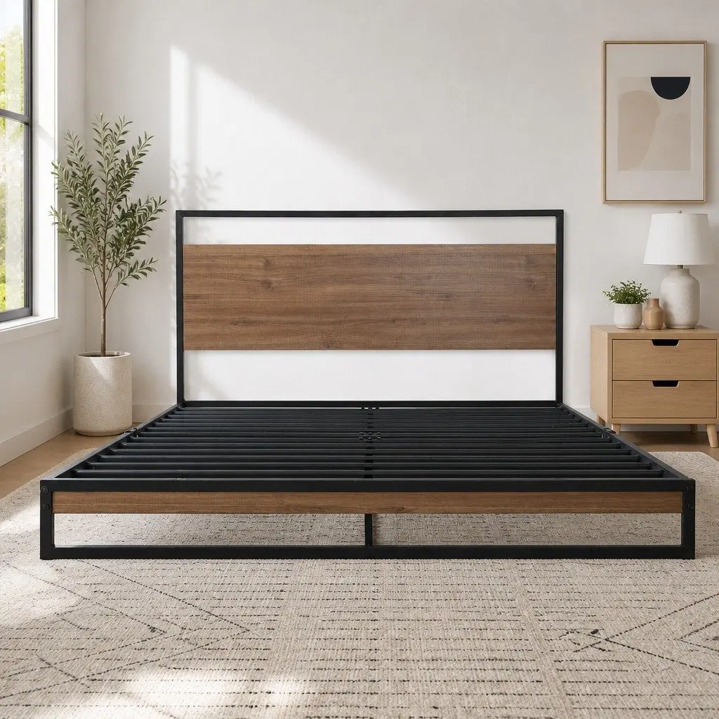 King Size Metal Bed Frame Industrial Design Steel MDF Slat Support Black