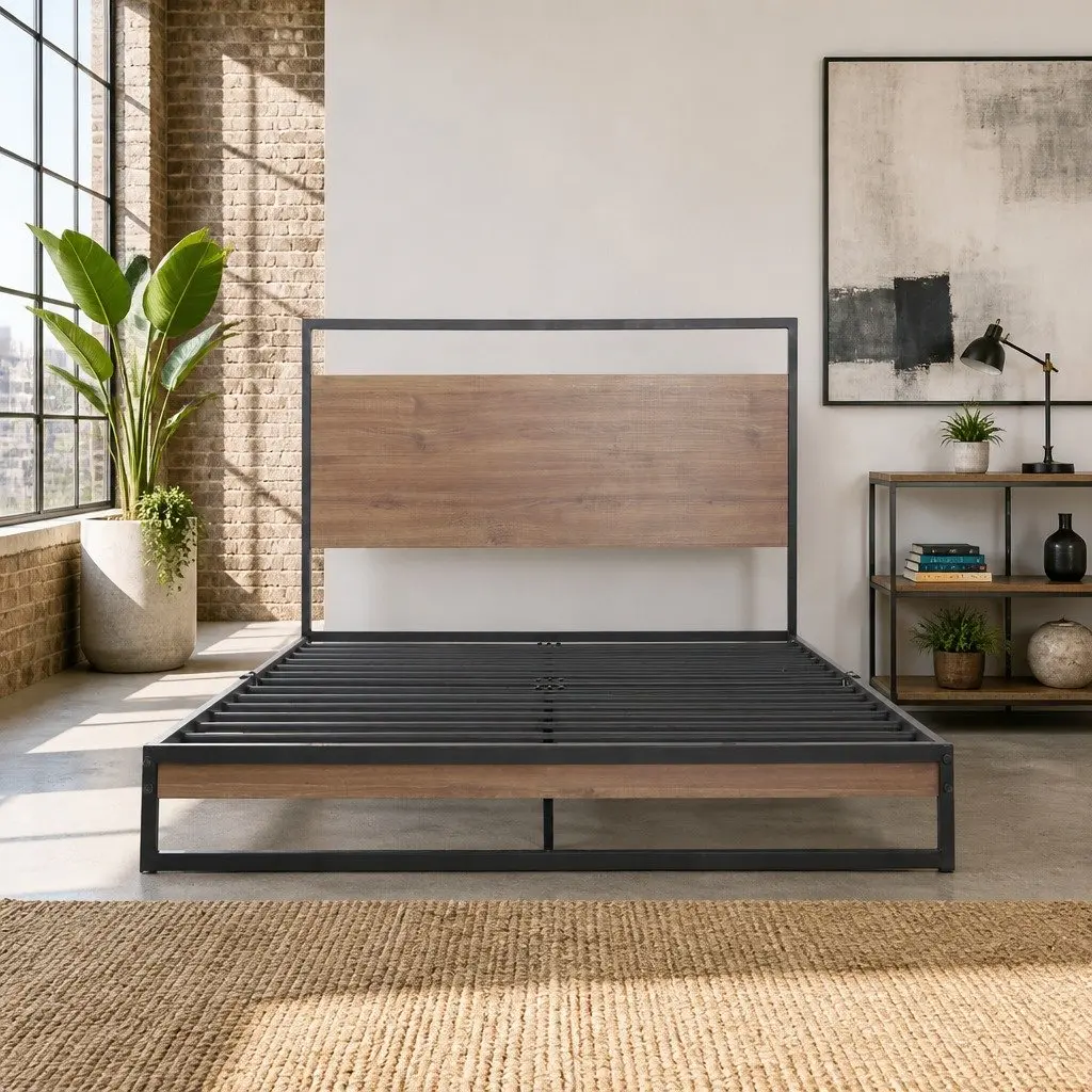 King Single Bed Frame Metal and Wood Industrial Style Black