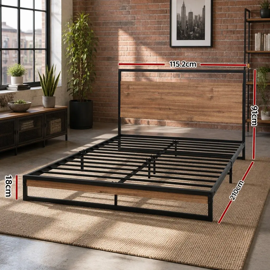 King Single Bed Frame Metal and Wood Industrial Style Black