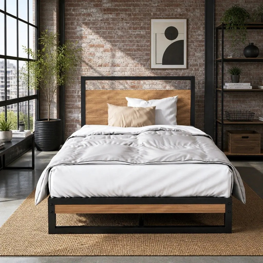 King Single Bed Frame Metal and Wood Industrial Style Black