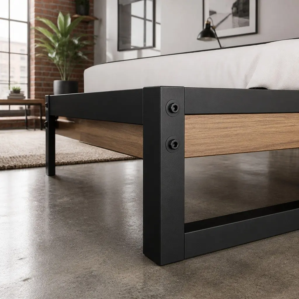 King Single Bed Frame Metal and Wood Industrial Style Black