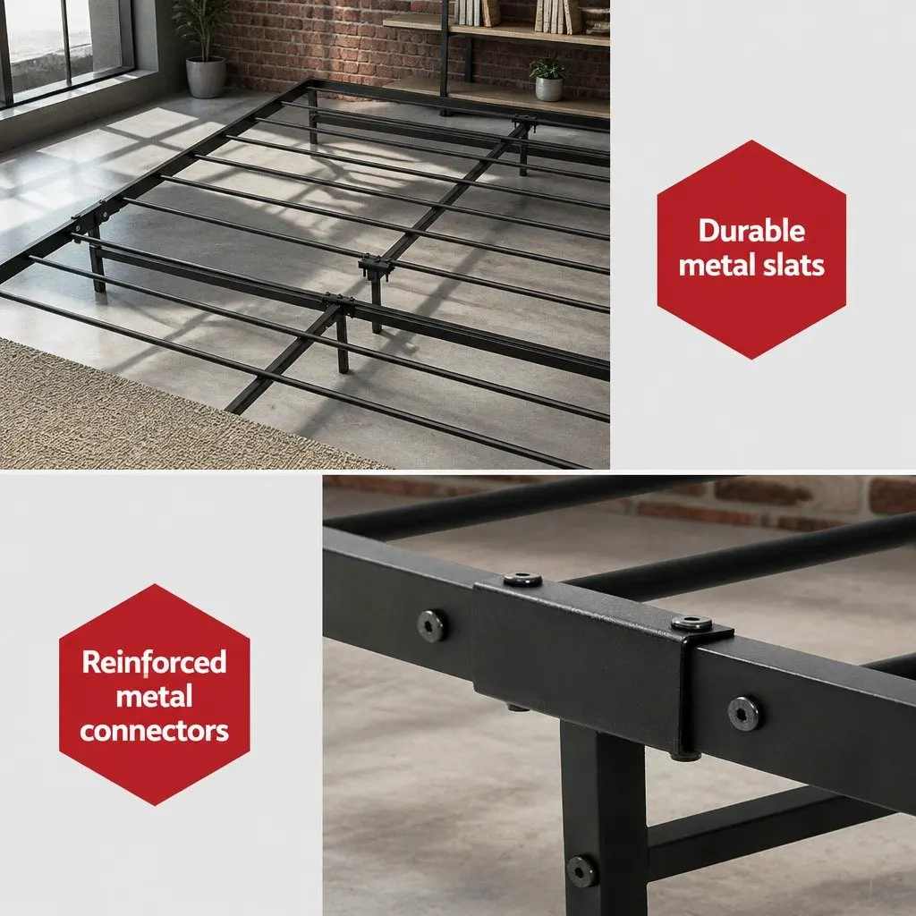 King Single Bed Frame Metal and Wood Industrial Style Black