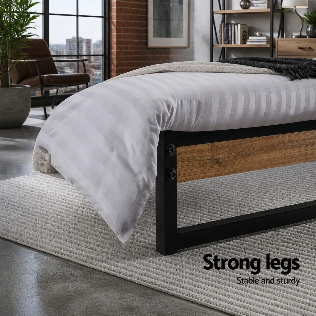 King Single Bed Frame Metal and Wood Industrial Style Black
