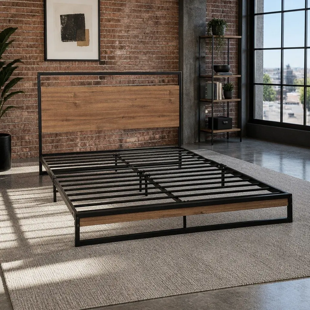 King Single Bed Frame Metal and Wood Industrial Style Black
