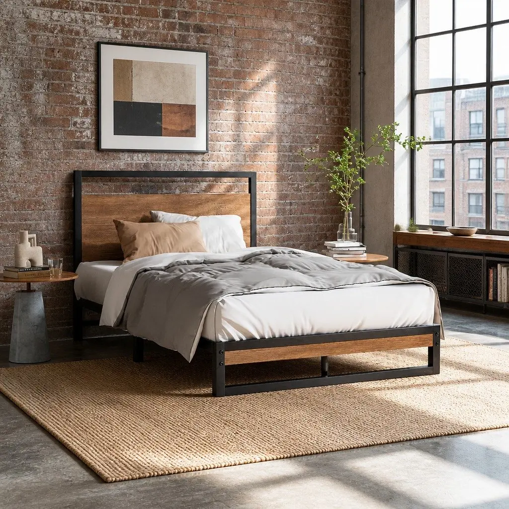 King Single Bed Frame Metal and Wood Industrial Style Black