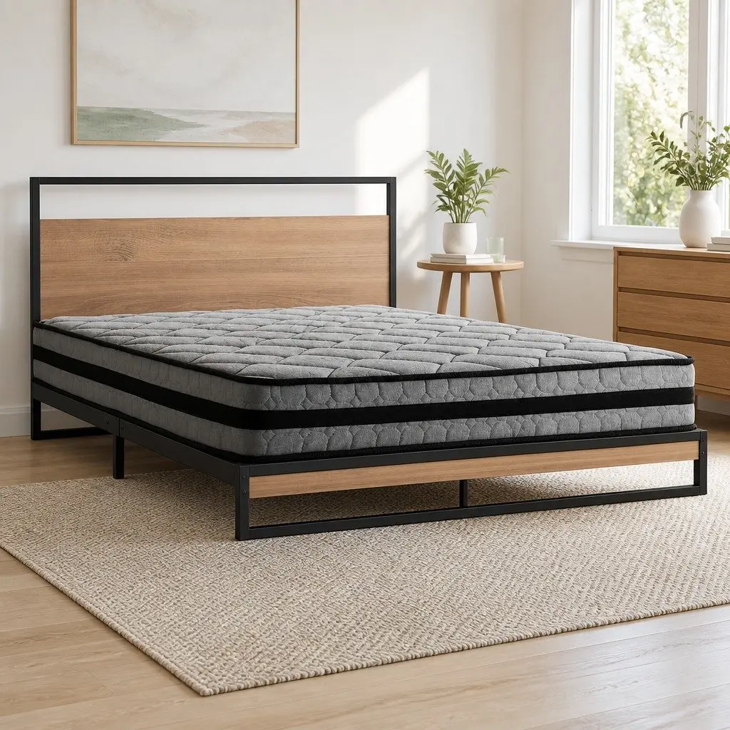 Double Bed Frame Metal Platform with Pocket Spring Mattress Industrial Design