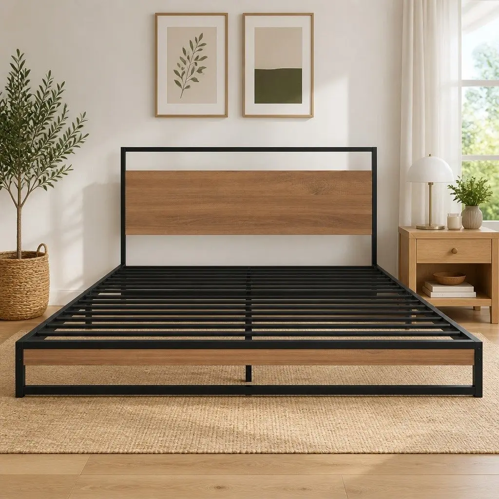 Double Bed Frame Metal Platform with Pocket Spring Mattress Industrial Design