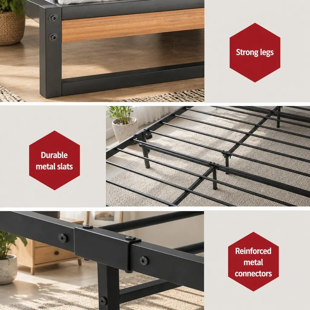 Double Bed Frame Metal Platform with Pocket Spring Mattress Industrial Design