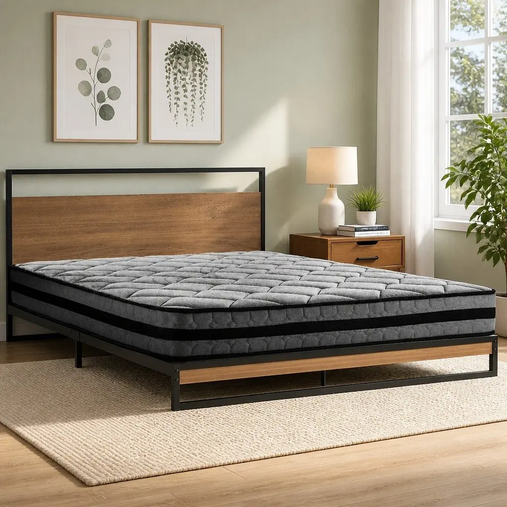 Double Bed Frame Metal Platform with Pocket Spring Mattress Industrial Design