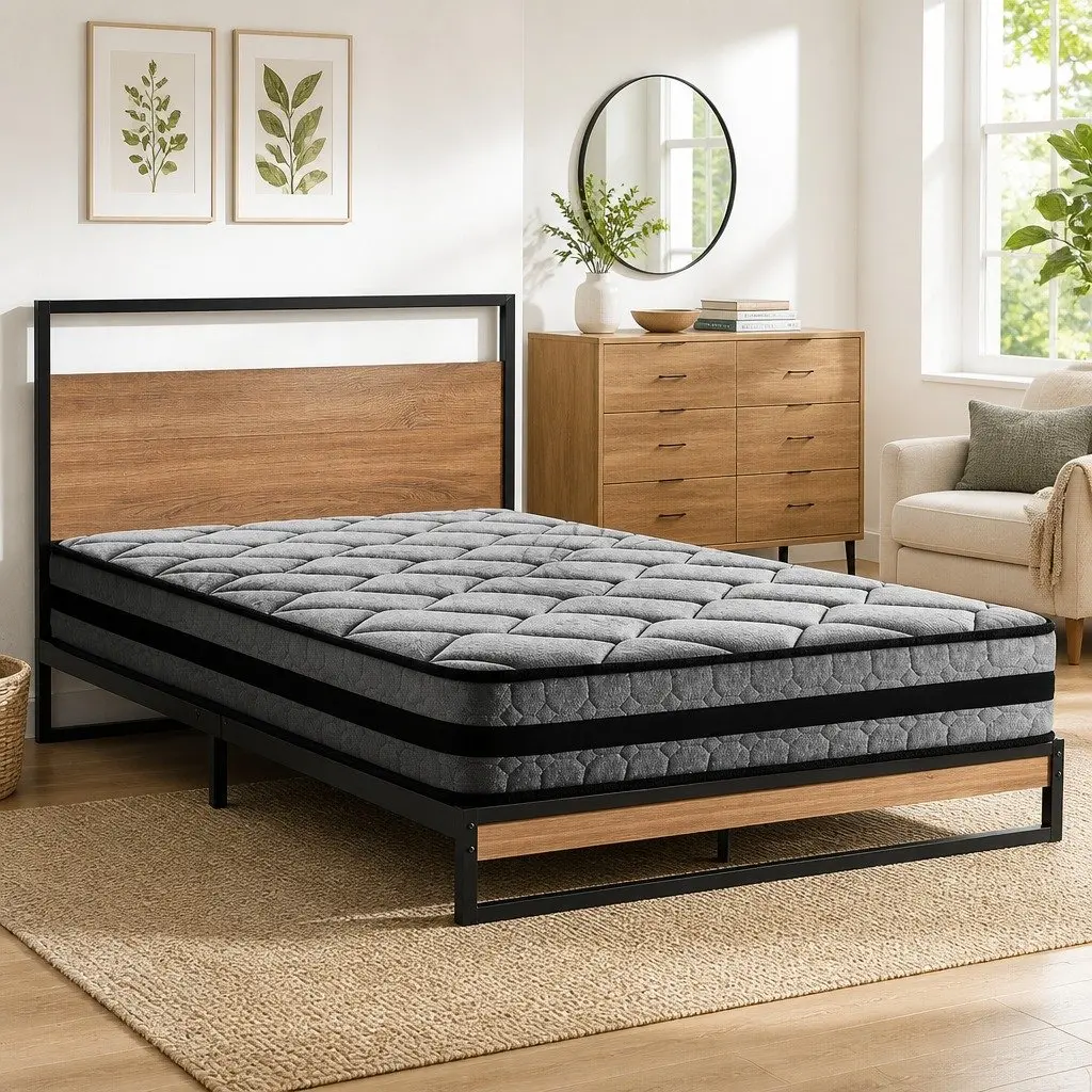 Metal Bed Frame King Single Size Platform with Pocket Spring Mattress