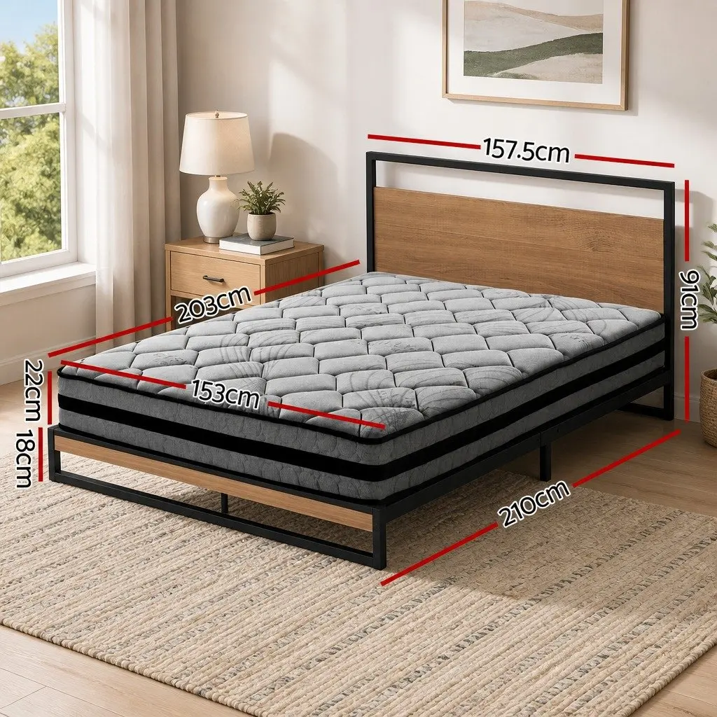 Queen Size Bed Frame with Pocket Spring Mattress Industrial Metal and Wood Construction