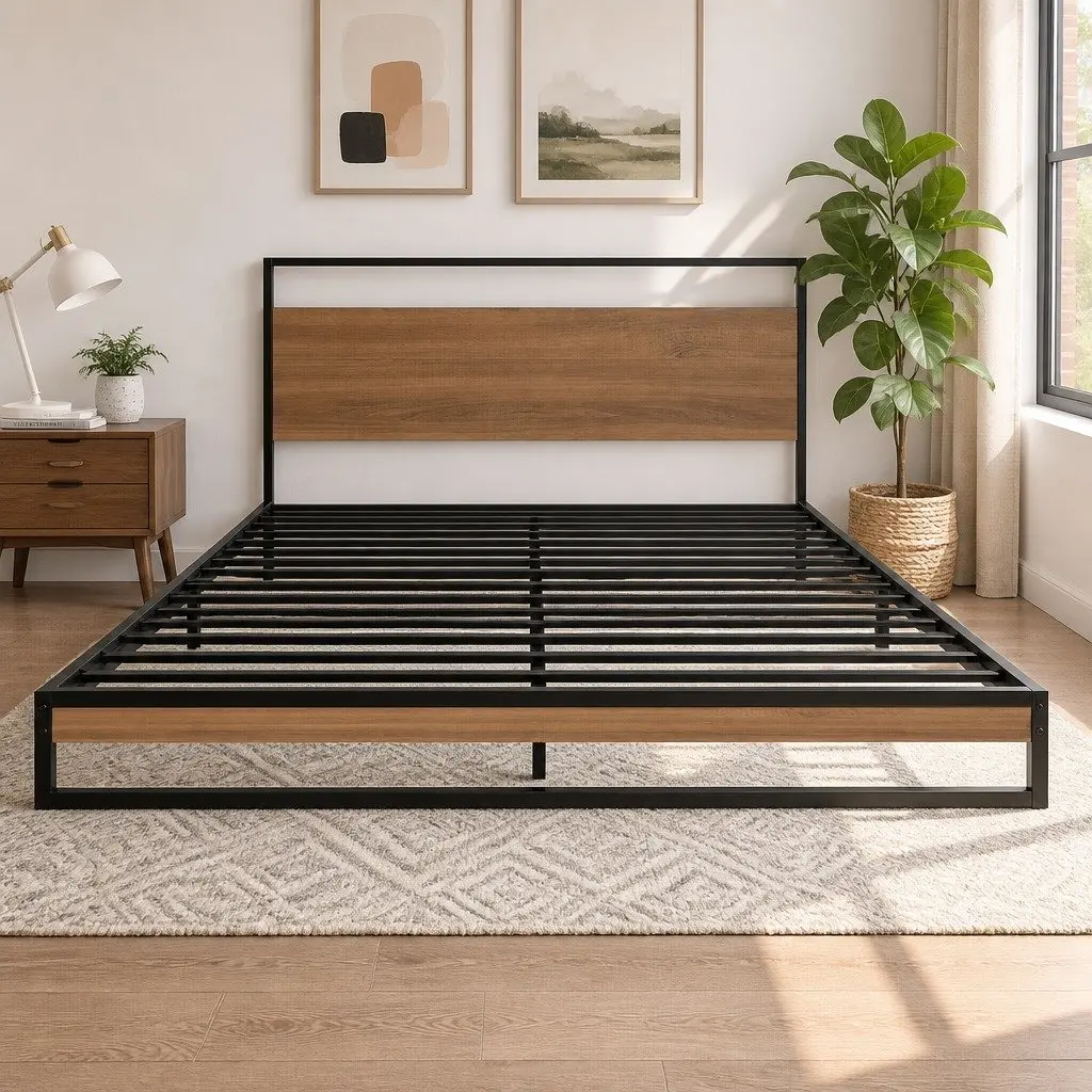 Queen Size Bed Frame with Pocket Spring Mattress Industrial Metal and Wood Construction