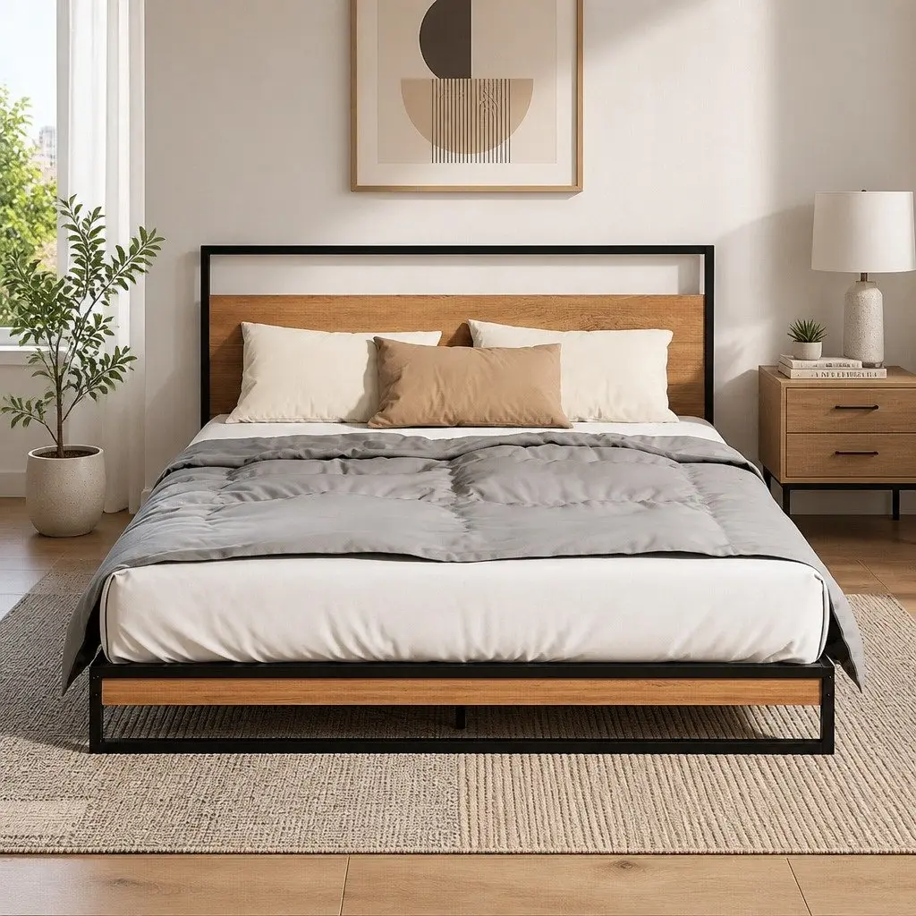 Queen Size Bed Frame with Pocket Spring Mattress Industrial Metal and Wood Construction