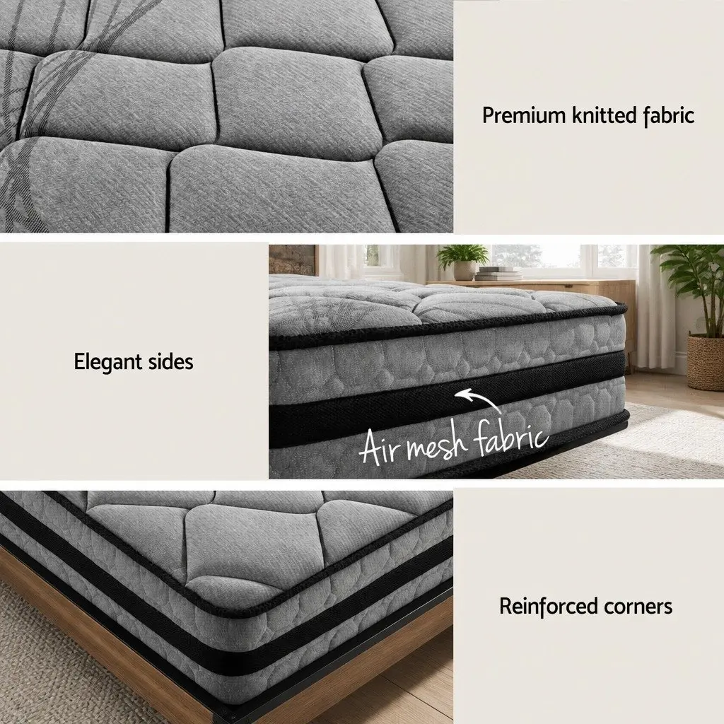Queen Size Bed Frame with Pocket Spring Mattress Industrial Metal and Wood Construction