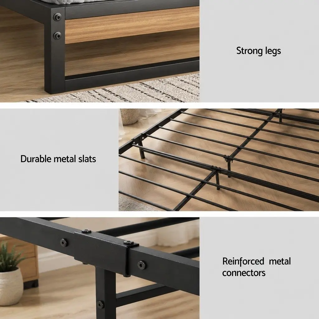 Queen Size Bed Frame with Pocket Spring Mattress Industrial Metal and Wood Construction