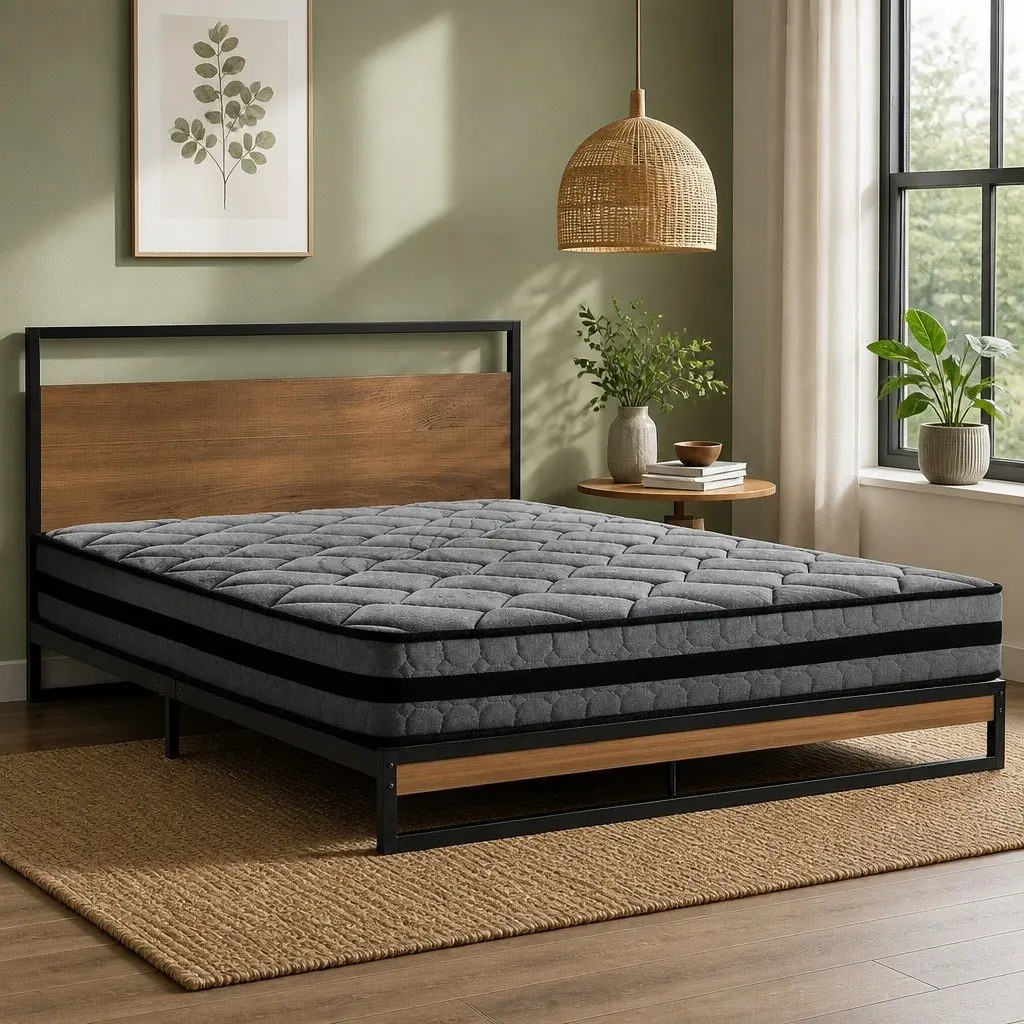 Queen Size Bed Frame with Pocket Spring Mattress Industrial Metal and Wood Construction