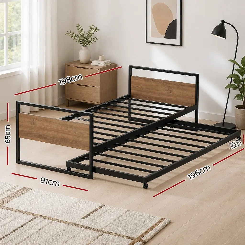 Metal Trundle Daybed Frame Single Size Industrial Style Bedroom Furniture Black