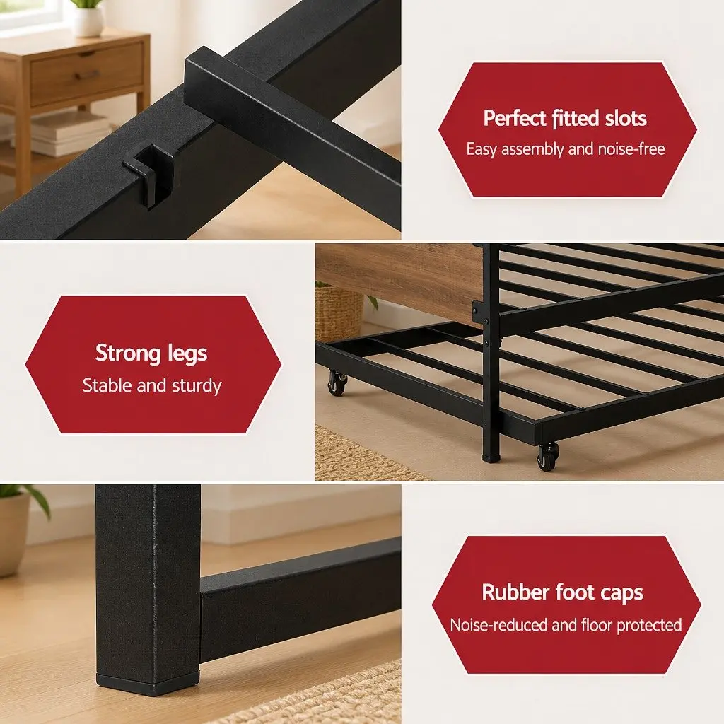 Metal Trundle Daybed Frame Single Size Industrial Style Bedroom Furniture Black