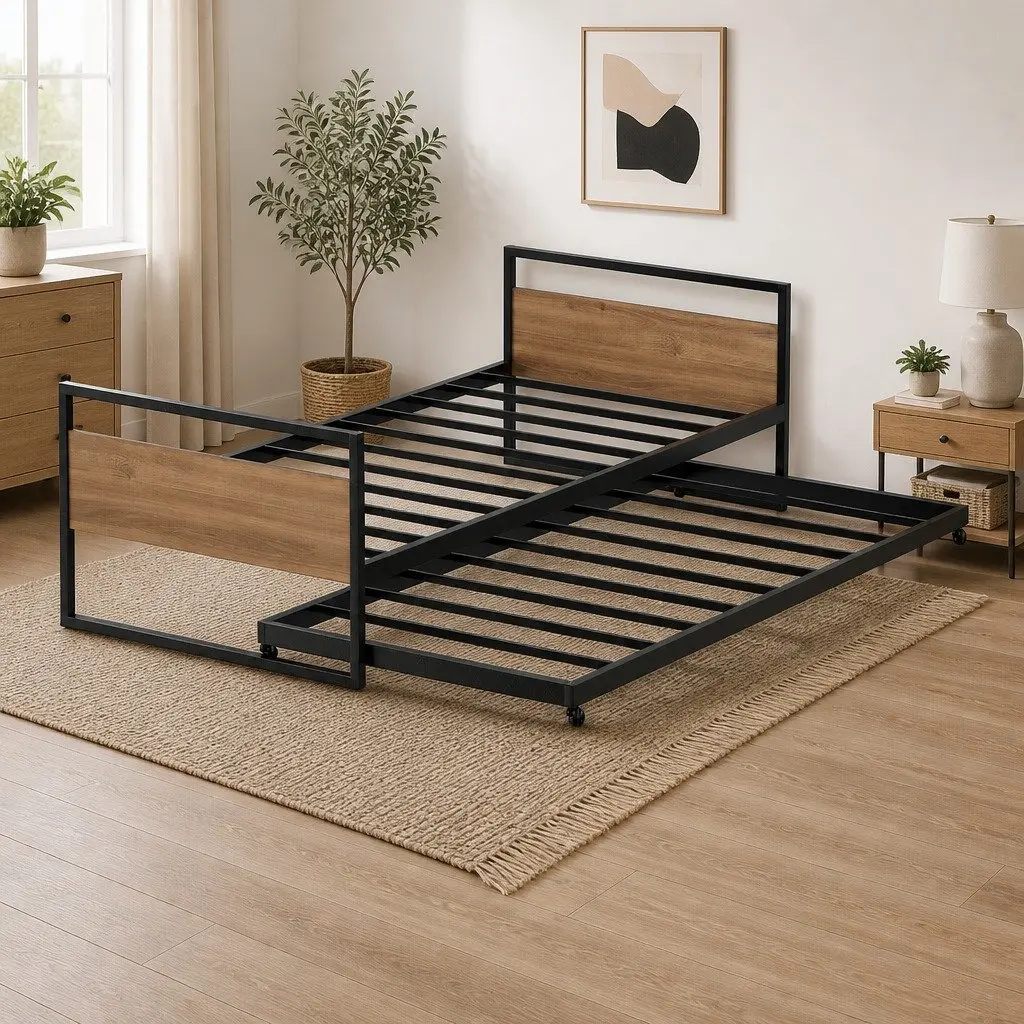Metal Trundle Daybed Frame Single Size Industrial Style Bedroom Furniture Black