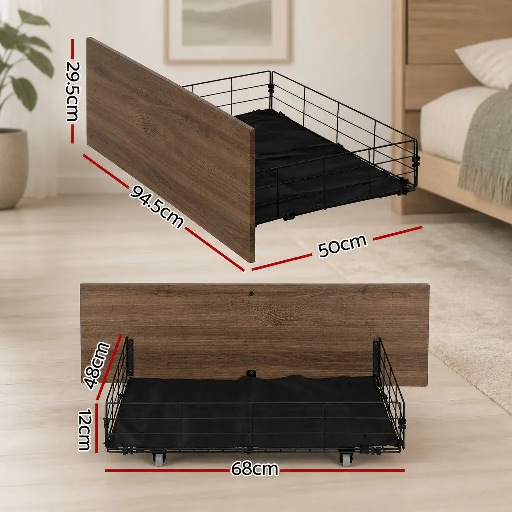 2x Metal Bed Storage Trundle Drawers Under Bed Bedroom Organiser Walnut Black