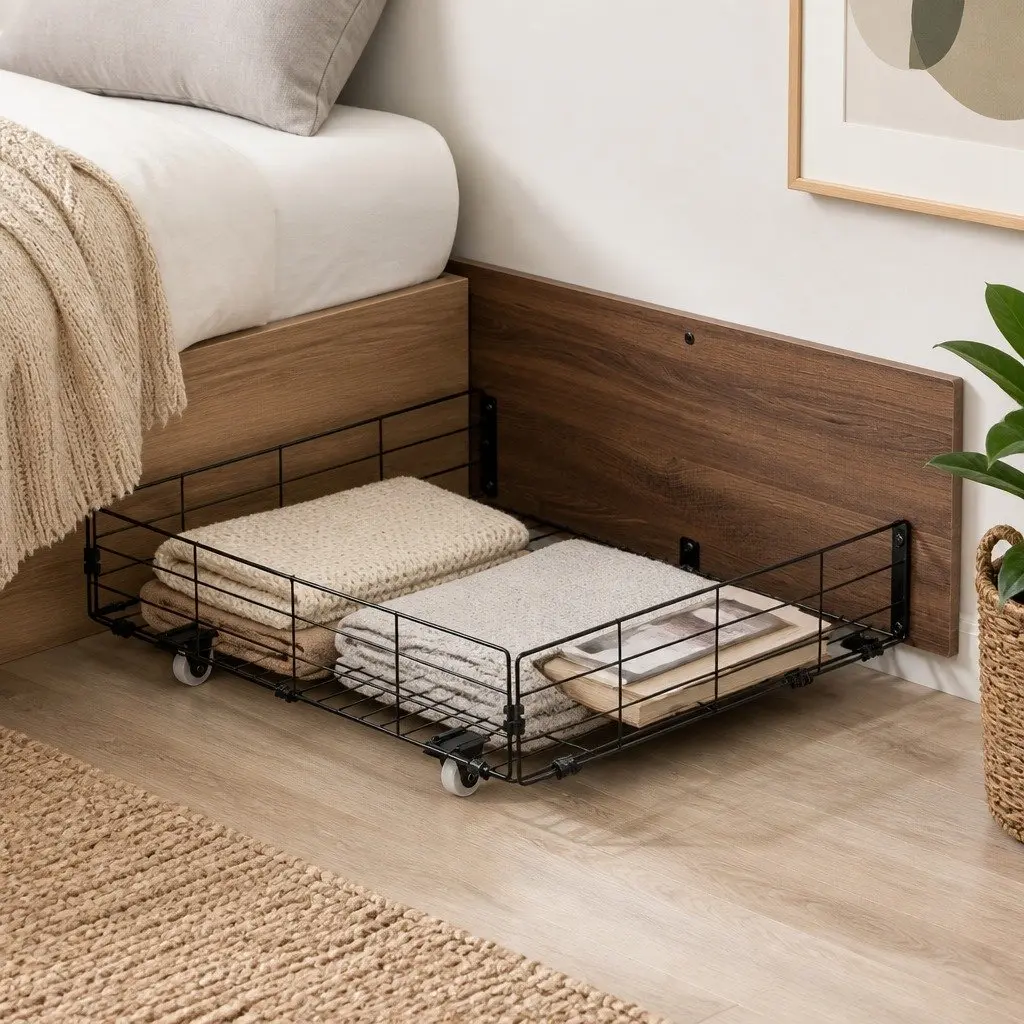 2x Metal Bed Storage Trundle Drawers Under Bed Bedroom Organiser Walnut Black