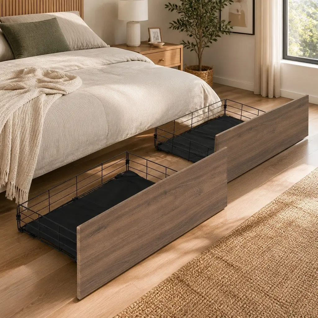 2x Metal Bed Storage Trundle Drawers Under Bed Bedroom Organiser Walnut Black
