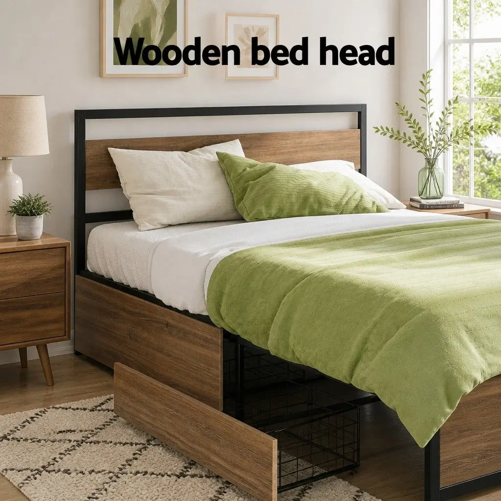 Double Bed Frame Metal with Storage Drawers Industrial Bedroom Furniture Black