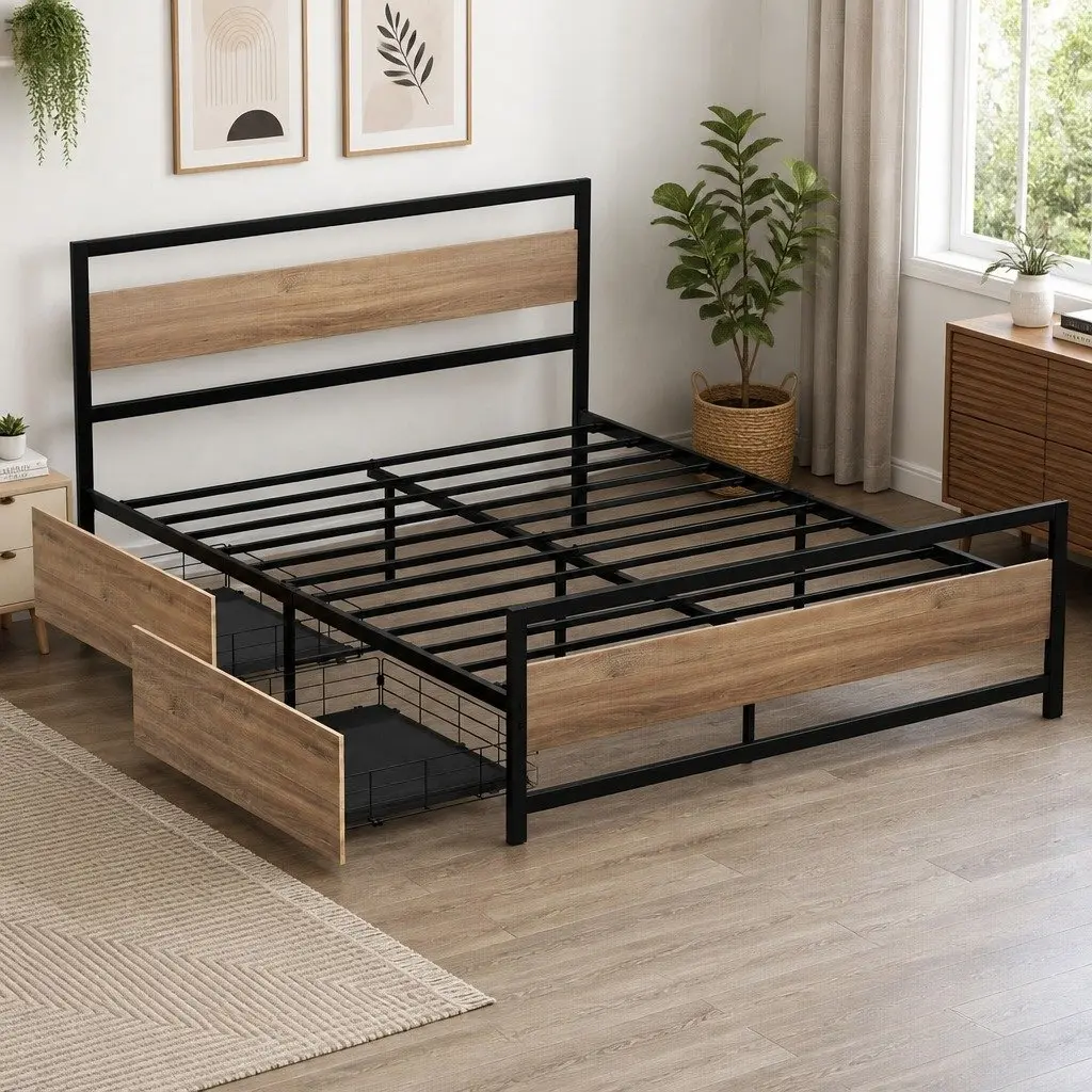 Double Bed Frame Metal with Storage Drawers Industrial Bedroom Furniture Black