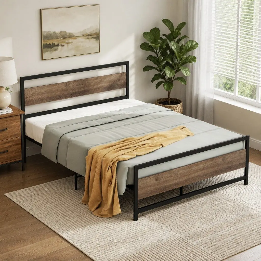 Queen Size Bed Frame Metal Base Industrial Style Black