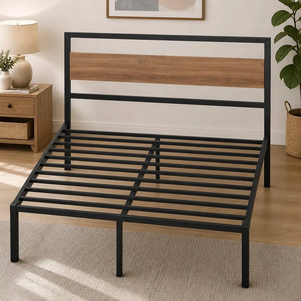 Queen Size Bed Frame Metal Base Industrial Style Black