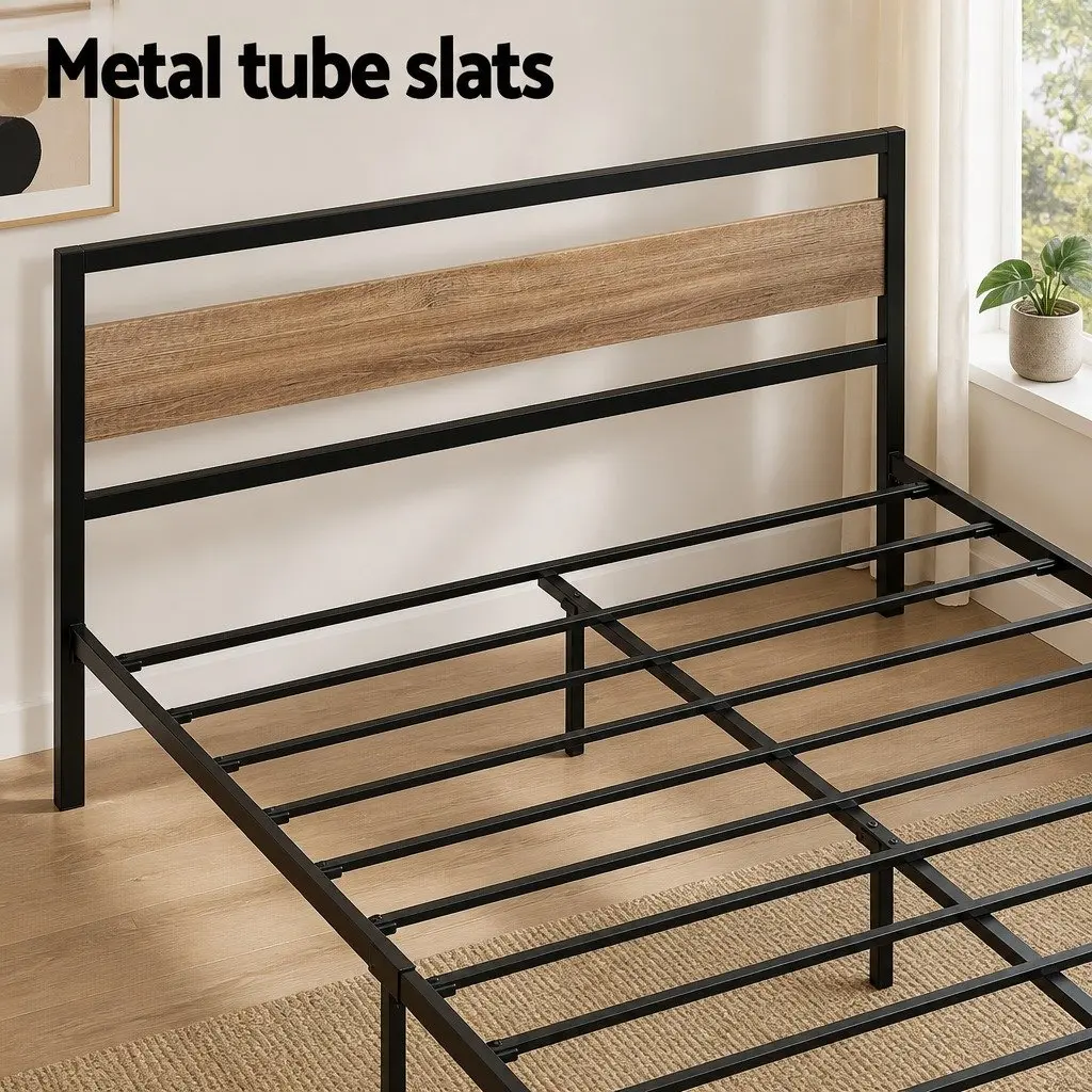 Queen Size Bed Frame Metal Base Industrial Style Black