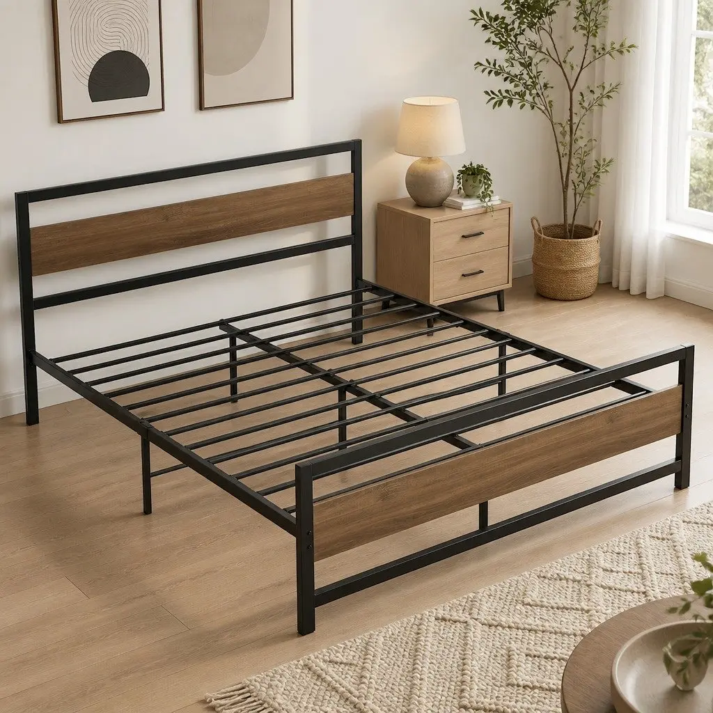 Queen Size Bed Frame Metal Base Industrial Style Black