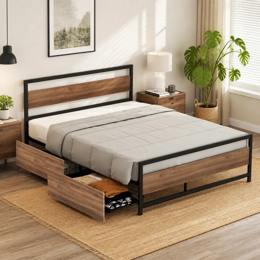 Queen Size Bed Frame Metal Industrial Style with Storage Drawers