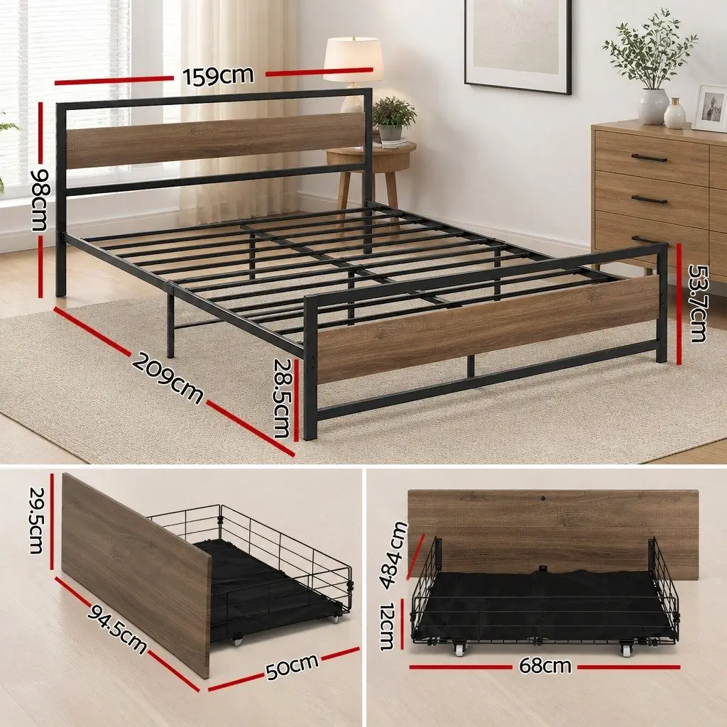 Queen Size Bed Frame Metal Industrial Style with Storage Drawers