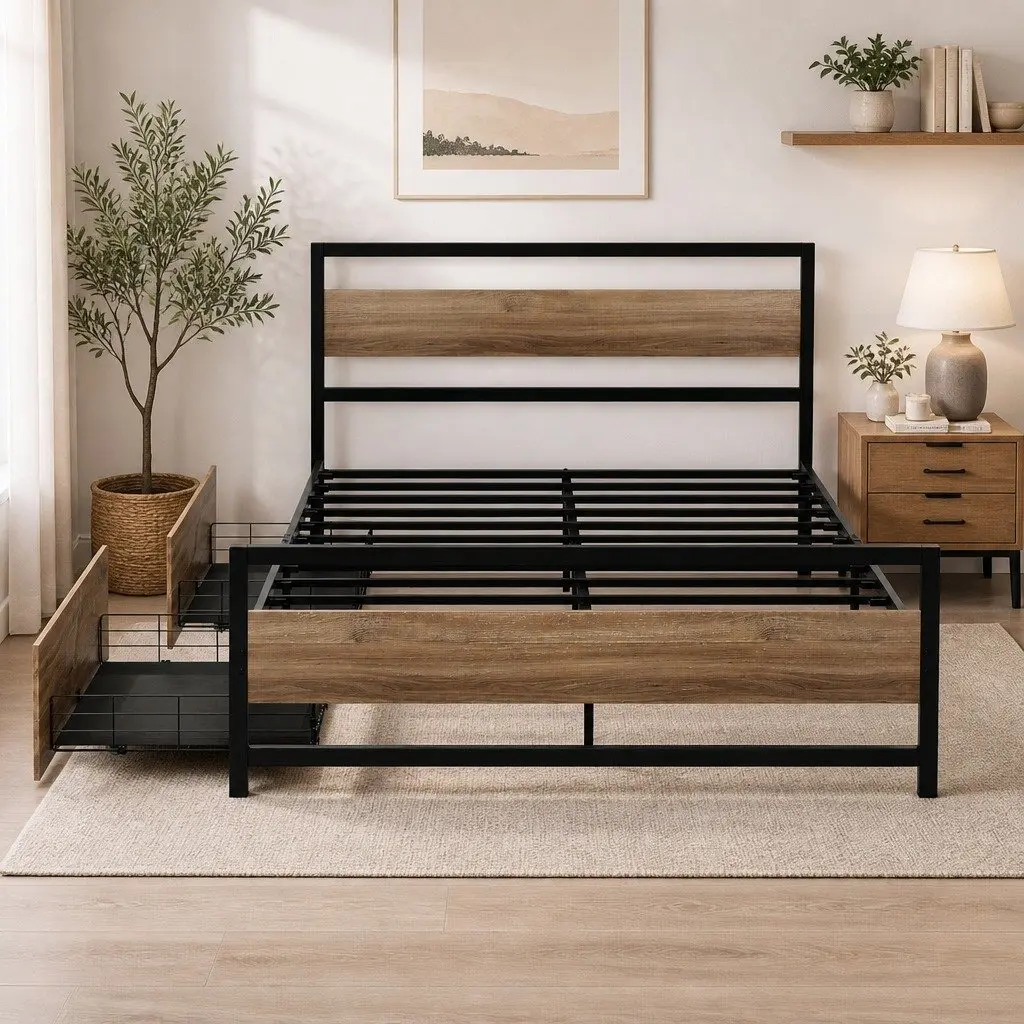 Queen Size Bed Frame Metal Industrial Style with Storage Drawers