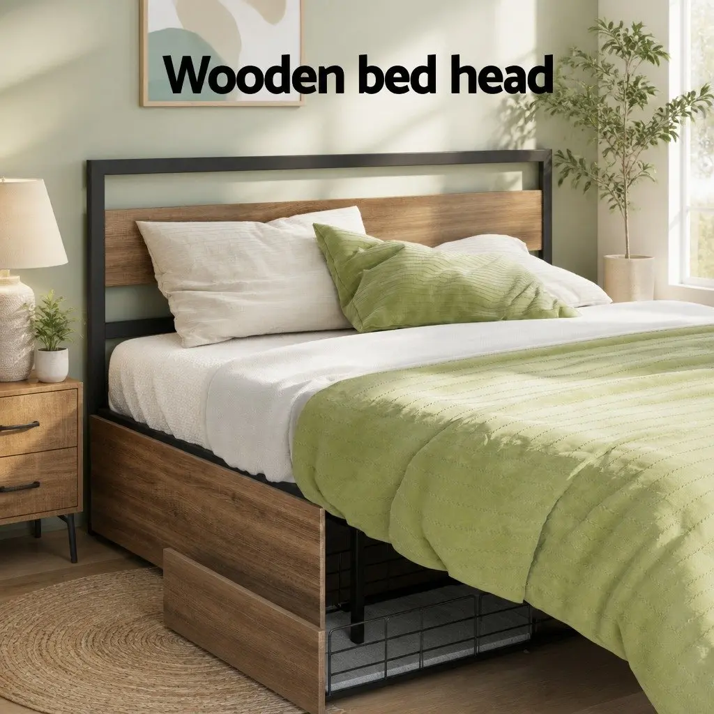 Queen Size Bed Frame Metal Industrial Style with Storage Drawers