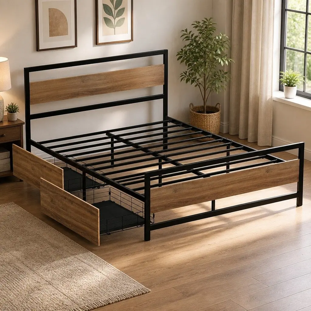 Queen Size Bed Frame Metal Industrial Style with Storage Drawers