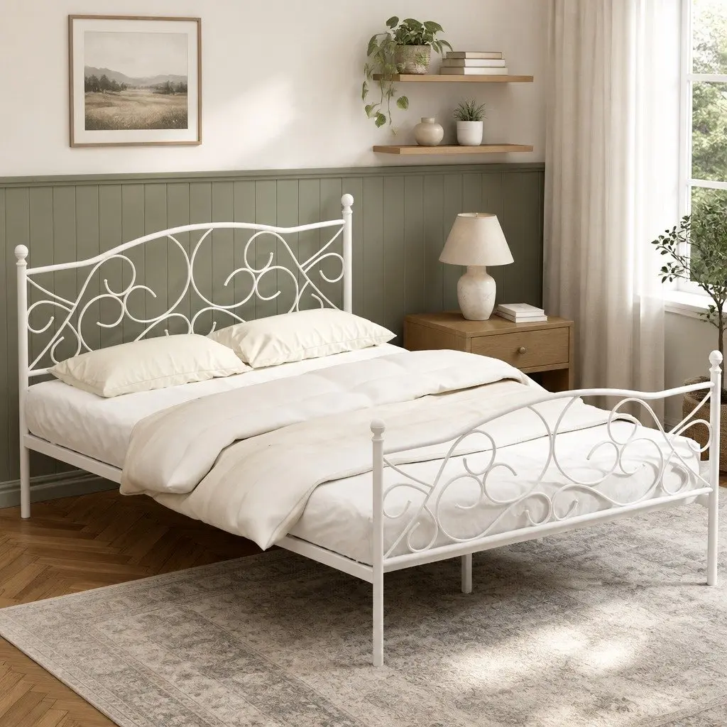 Double Bed Frame Metal Hollow Out Headboard White Storage 192 x 140 x 93cm